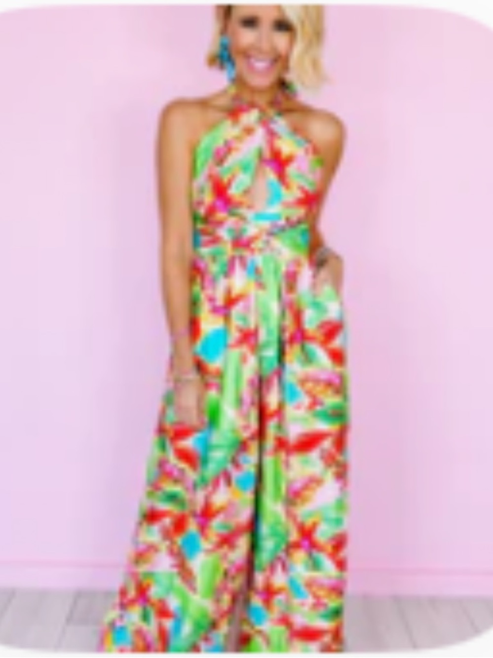 NWT bright floral / tropical jumpsuit with halter neck and key hole front